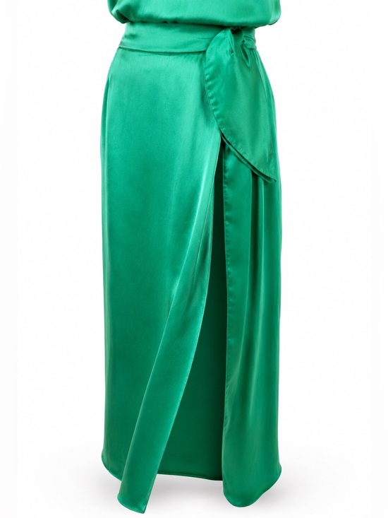 Isolda Dresses & Skirts - Isolda Silk Wrap Maxi Skirt Green Satin Side Slit Resort Vacation Wedding Guest